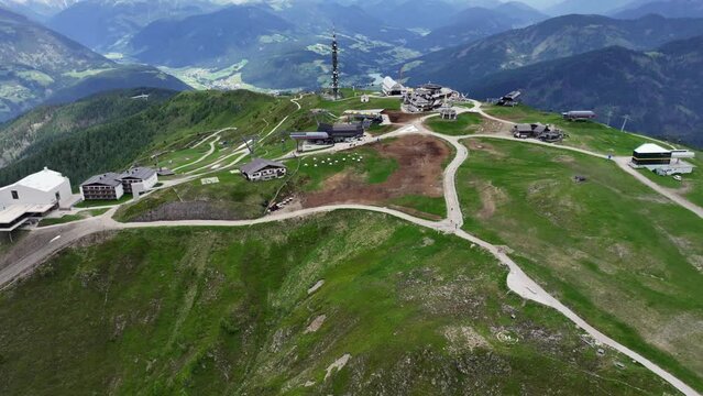 aerial video landscape flight along Kronplatz summit, located in South Tyrol in norther Italy with one of six Messner Mountain Museum and Lumen - Museum of mountain photography -video footage 