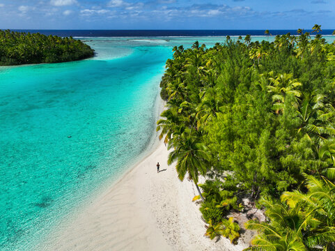 Aerial view of tropical beach with turquoise water and lush trees, Palmerston Island, Cook Islands.