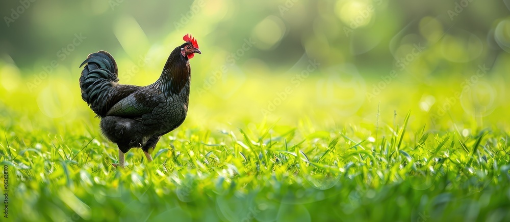 Poster A black chicken stands in a lush green field with ample room for text or other elements in the copy space image.