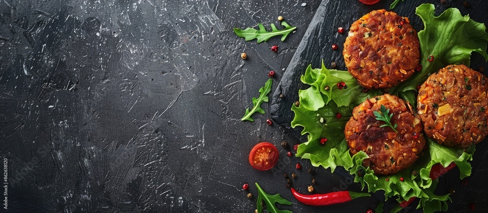 Aufkleber Vegetarian cutlets displayed on a grey surface, flat lay composition with room for text in the image. Copy space image. Place for adding text and design
