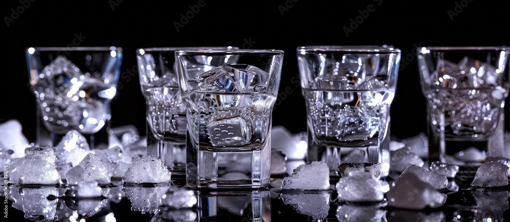 Poster vodka shots on a black backdrop with ice cubes for copy space image.