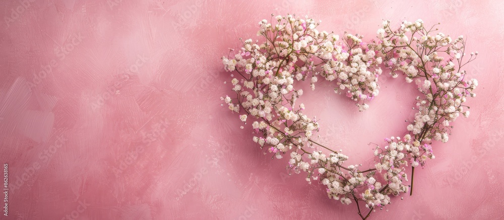 Leinwandbilder view from above showing a heart-shaped design made of gypsophila flowers on a pink backdrop with spa