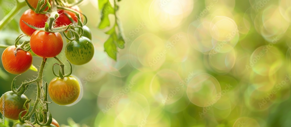 Poster a variety of both ripe and unripe red cherry tomatoes are featured on a branch in a bountiful, organ