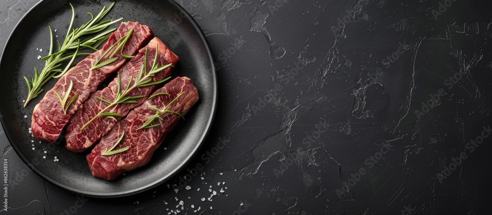 Poster top view of a plate with garnished striploin or new york beef steaks on a black background, with amp