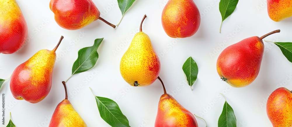 Poster ripe red and yellow pears with leaves isolated on a white background, providing copy space in a top-