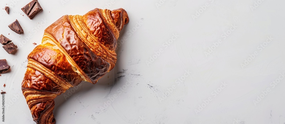 Poster Croissant with chocolate on a white background, with space for text or images. Copy space image. Place for adding text and design