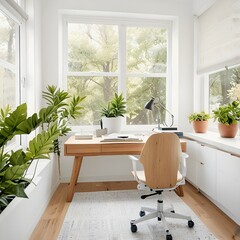 Fototapeta premium modern office desk corner in home with a view from window and plant for nature touch