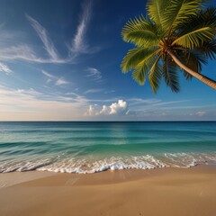 Idyllic Tropical Beach Paradise with Palm Tree and Turquoise Water. Concept of vacation, travel, relaxation and summer