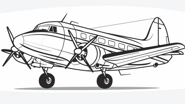 recommend clip art: Detailed line drawing illustration of a vintage airplane, highlighting its propellers and classic design elements.