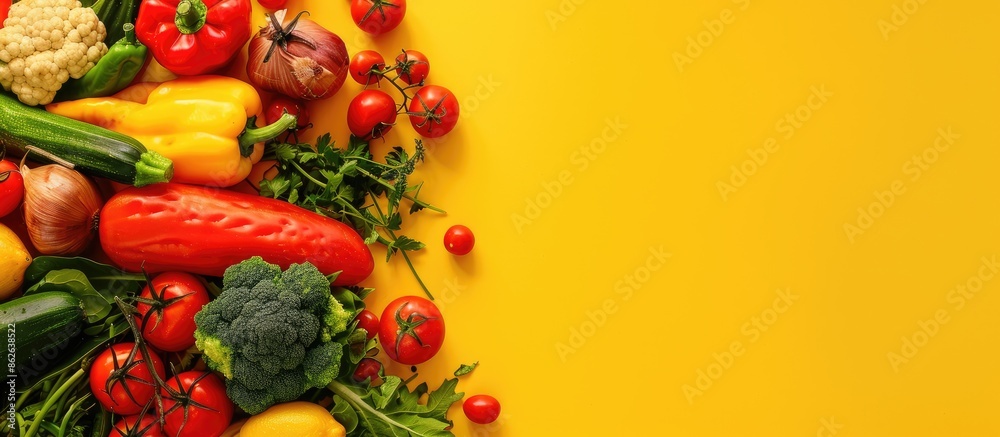 Poster fresh vegetables arranged on a bright yellow backdrop with ample copy space image, showcasing a vari