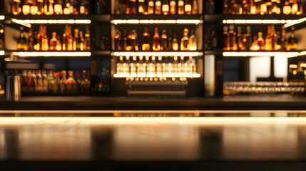 empty bar mockup counter with illuminated shelves stocked with various bottles of liquor. The golden lighting creates cozy and luxurious ambiance, perfect for nightlife, social scenes, product display