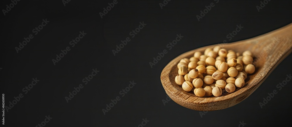 Poster Close-up view of soy in a wooden spoon with ample copy space image.