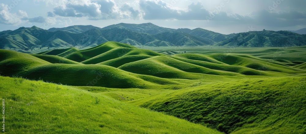 Poster Beautiful green valley with rolling hills in the background, perfect for adding text with copy space image.