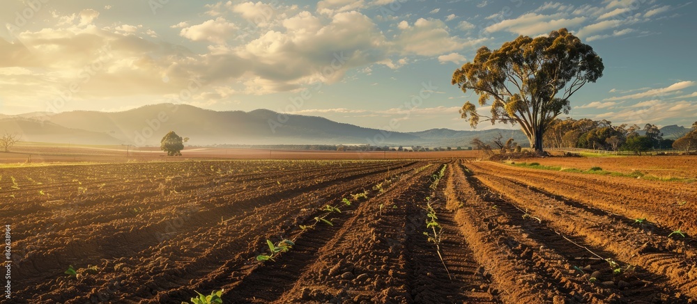 Poster Field being plowed with a eucalyptus tree in the backdrop, providing a natural and serene copy space image.