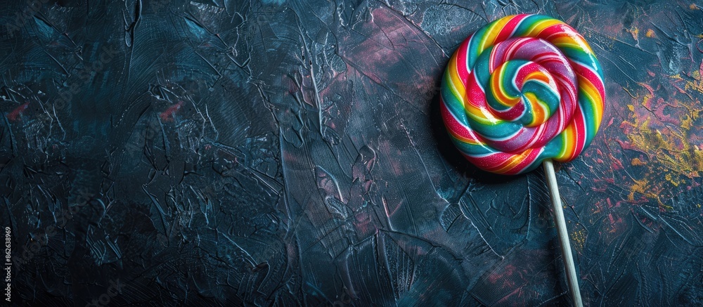 Poster vibrant lollipop on dark backdrop with space for text. ideal for party banners, sales, or discounts.