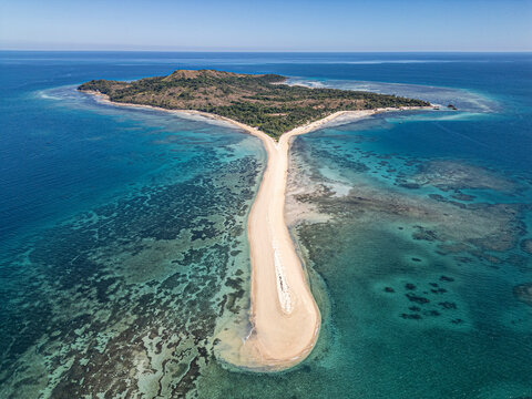 Aerial view of Nosu Antanimora Island with turquoise water and sandy beaches, Antsohihy, Madagascar.