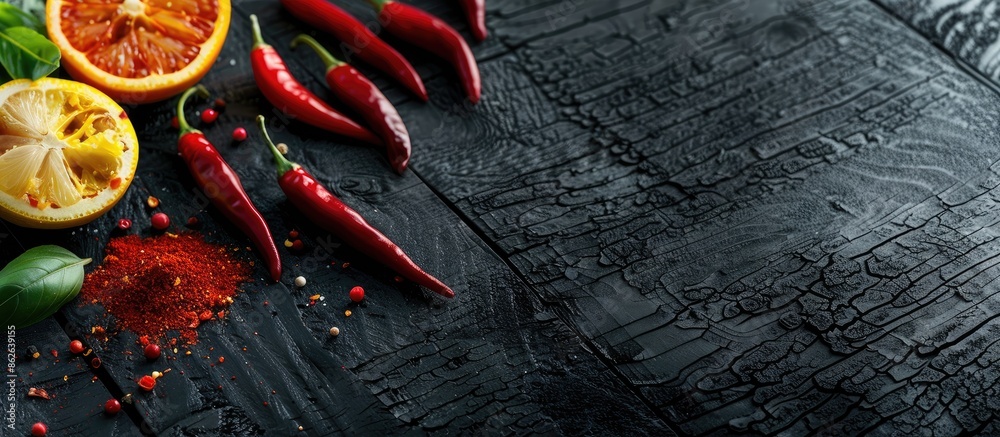 Poster chili fruits and red pepper powder displayed on a weathered black wooden surface with a clear area f