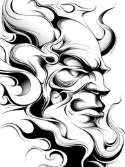 A black and white drawing of a demon with a fiery face