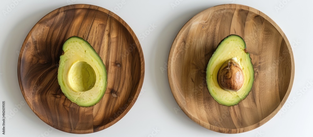 Poster a bird's eye view of a halved avocado with and without the seed on a round wooden plate against a wh