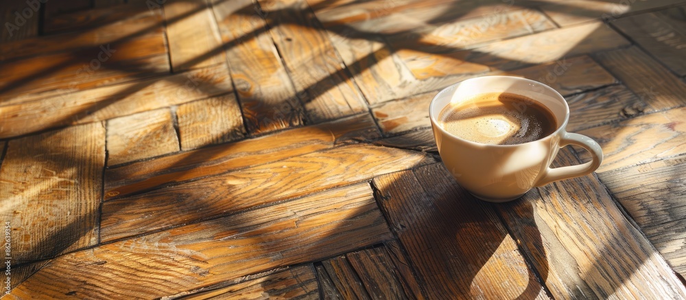 Poster a cup of coffee resting elegantly on a shiny parquet floor, creating a charming scene with copy spac