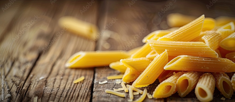 Poster close-up photo of vibrant uncooked penne pasta on a wooden table creates a textured italian food bac