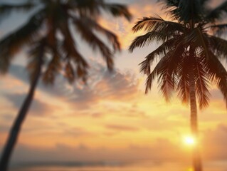 Obraz premium Coconut palm trees against a tropical sunset, forming a serene and captivating setting ideal for tropical vibes.