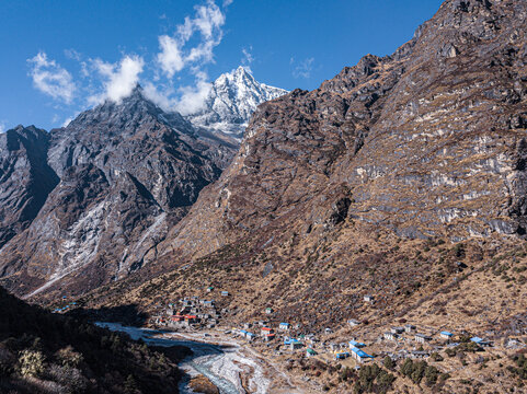 Aerial view of remote Beding village in Rolwaling valley, Nepal.