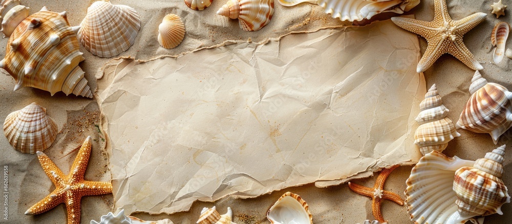 Poster A vacation-themed setting adorned with shells, seastars, and a blank postcard, suitable for adding text or images, is symbolized in the copy space image.