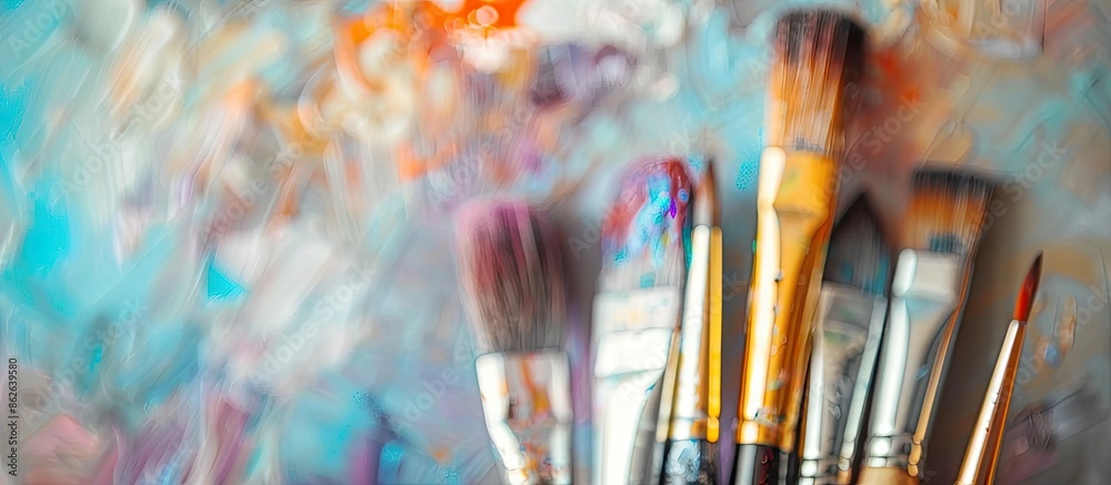 Poster close-up of a variety of artist paintbrushes with selective focus on a copy space image.