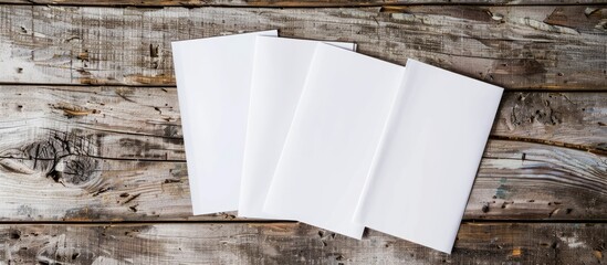 An arrangement of three blank magazine pages lies on a wooden floor, suitable for business ads, posters, sketches, or mockup presentations with copy space image potential.