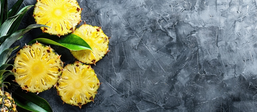 Poster Pineapple slices arranged on a gray stone backdrop with copy space image.