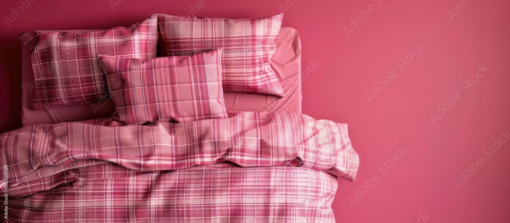 Poster Pink warm plaid bedding displayed with copy space in a top view flat lay arrangement.