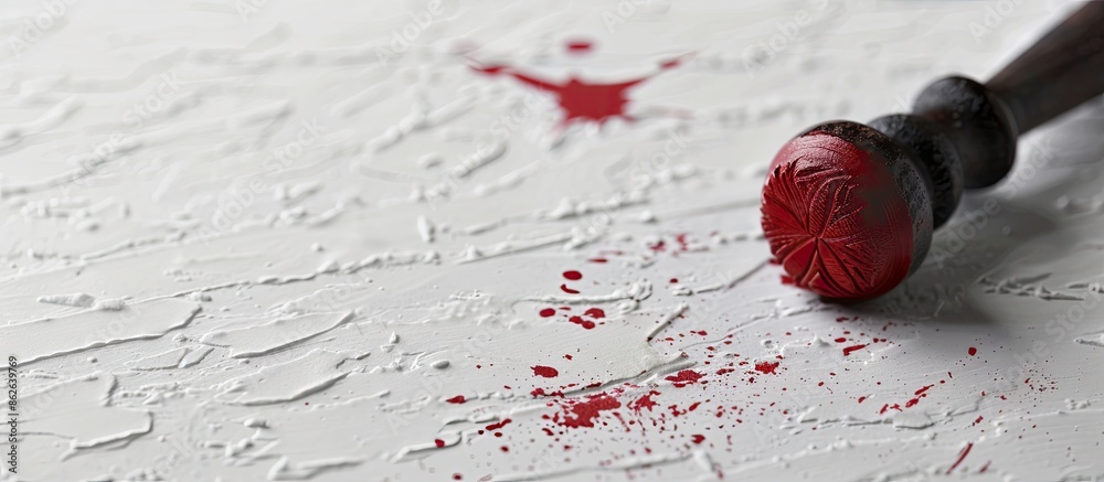 Poster Focused on the closeup view of the rubber stamp with the red ink imprint on a white paper textured background, leaving available copy space for an image.