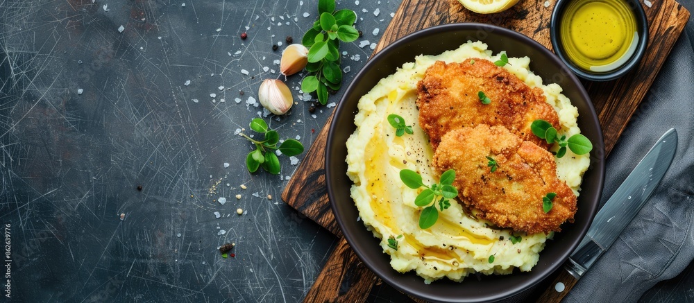 Poster A bowl of mashed potatoes and cutlet on a wooden board with a dark rustic background, shown from above with a flat lay perspective, providing copy space image.