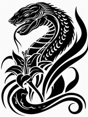 A black and white tattoo of a snake with a flower on its tail. The snake is curled up and he is resting