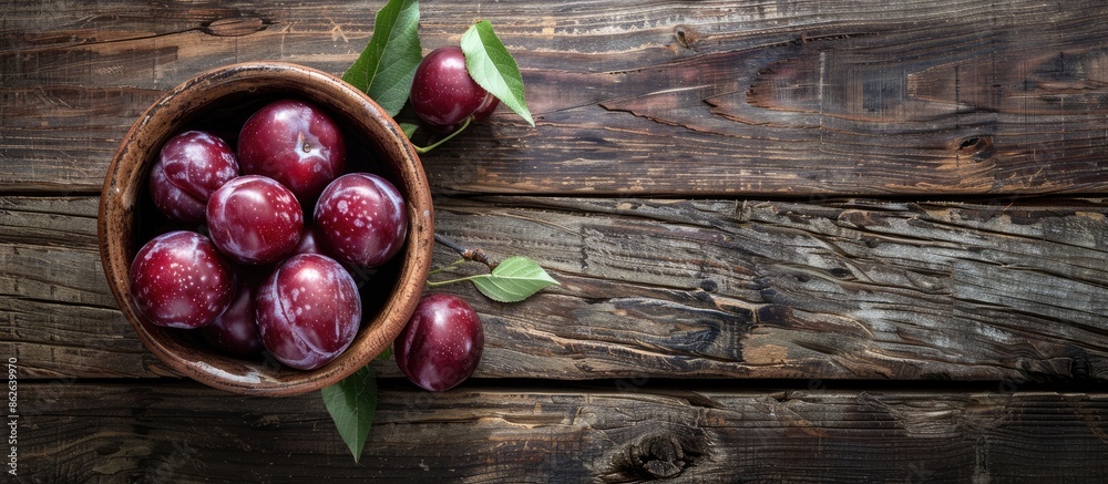 Aufkleber juicy organic plums in a rustic ceramic bowl on a wooden background, creating a charming copy space 