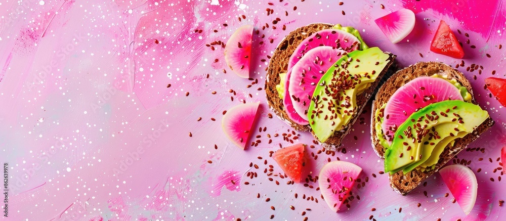 Poster top view of colorful toast with watermelon radish, avocado, and flax seeds on a vibrant background, 