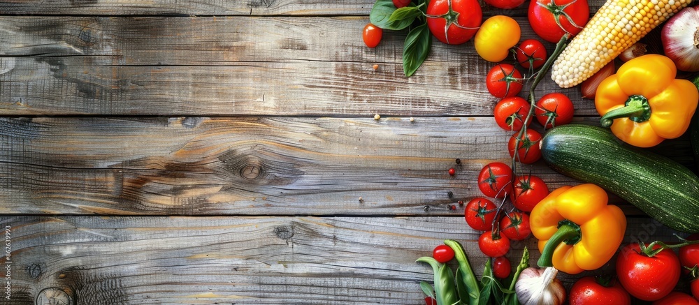 Aufkleber Various vegetables displayed on a wooden table from a top view perspective with room for a caption in the image. Copy space image. Place for adding text and design