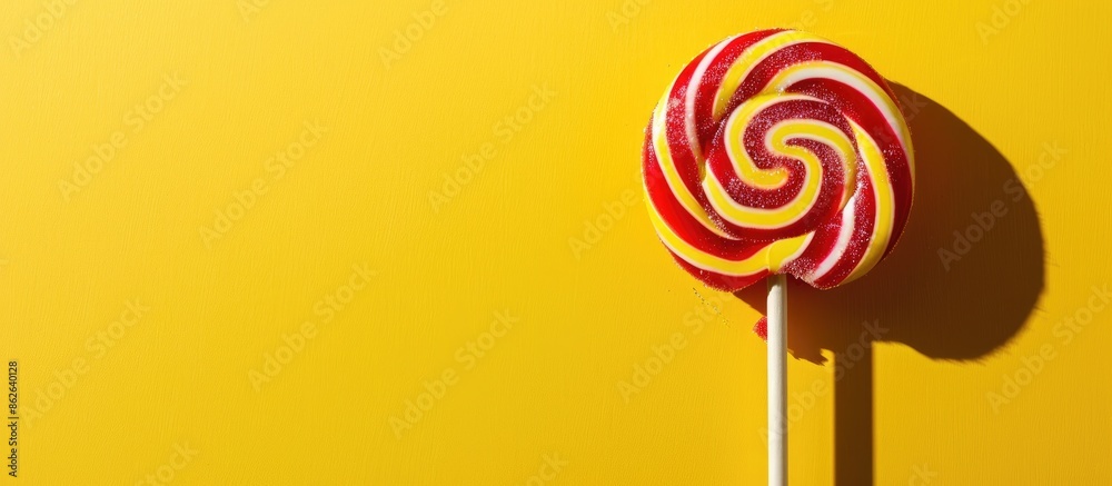 Poster damaged lollipop against yellow backdrop with copy space image.