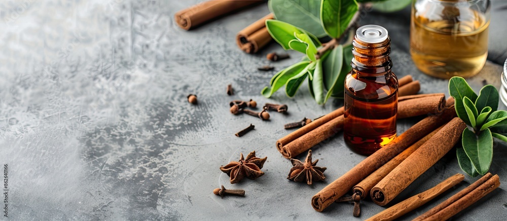 Poster cinnamon oil for various uses like cooking, aromatherapy, and skincare, displayed alongside cinnamon