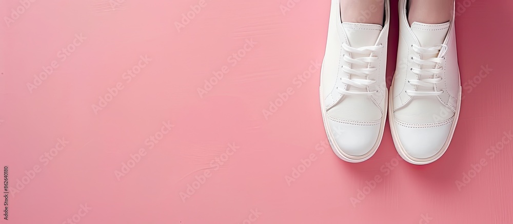 Aufkleber top view of fashionable white shoes on a pink surface with copy space image available.