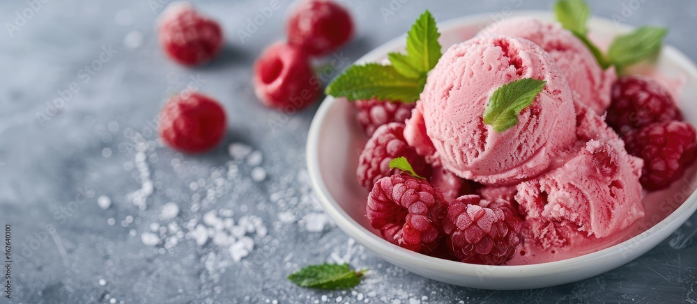 Aufkleber Close-up of Raspberry Sorbet on a white plate set against a gray table background with available copy space image.