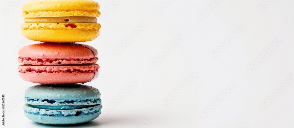 Aufkleber three colorful macarons stacked on top of each other against a white backdrop with room for addition