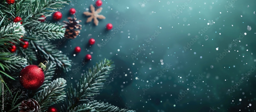 Poster Background for New Year and Christmas with a festive fir tree, ornaments, and space for text. Copy space image. Place for adding text and design