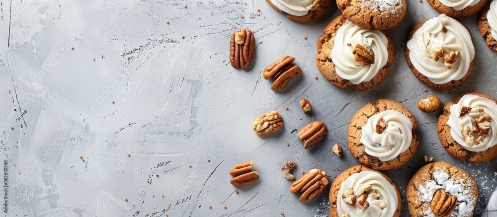 Aufkleber Cookies with nuts and white icing on a concrete background, with space for text or graphics. Copy space image. Place for adding text and design