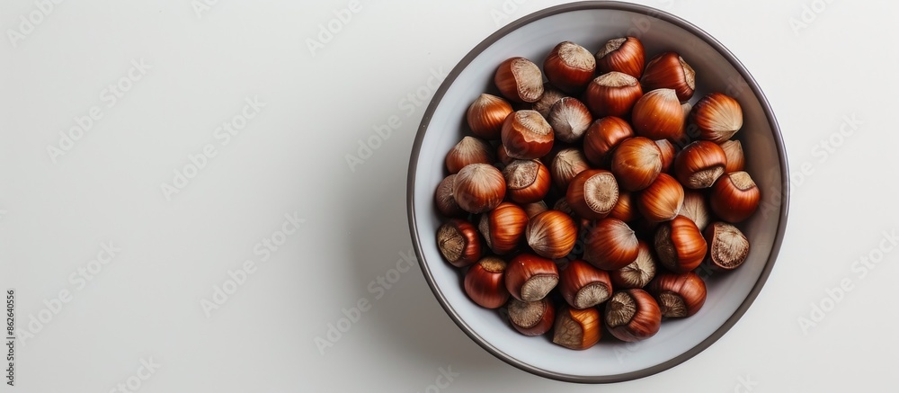 Leinwandbilder overhead view of a bowl filled with hazelnuts on a white backdrop with copy space image.