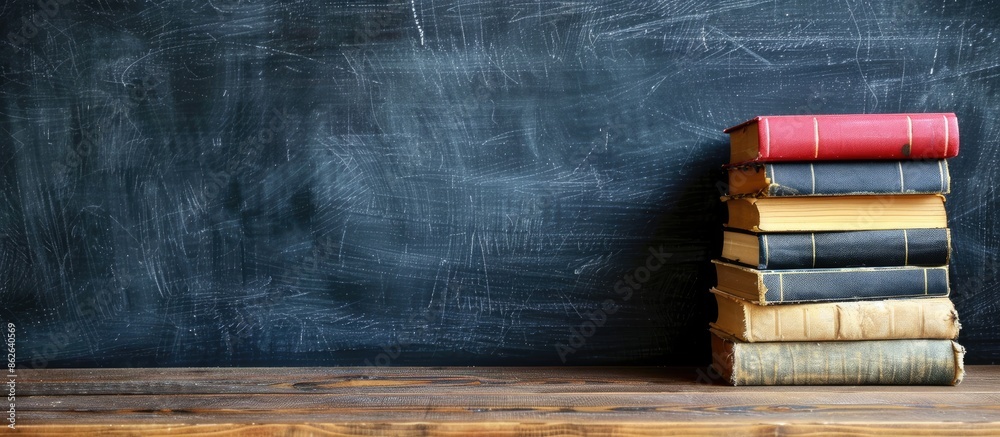 Fototapete a stack of books is shown against a blackboard backdrop with a 'back to school' theme, offering a pl