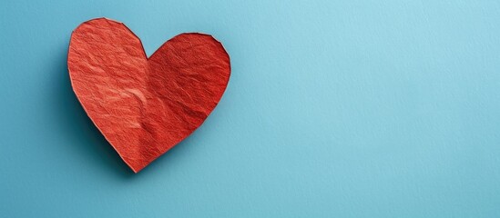 Heart-shaped red paper on a blue backdrop with copy space image.