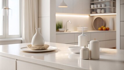 Modern Minimalist Kitchen Interior. A bright, minimalist kitchen featuring a sleek marble countertop with white ceramic kitchenware.