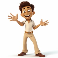 Fototapeta premium Cheerful animated character with open arms, wearing casual clothes, smiling broadly, isolated on white background.
